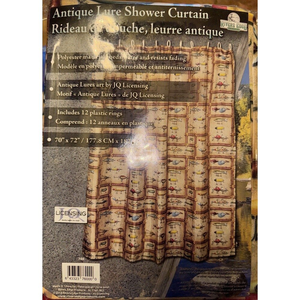 Rivers Edge Antique Lures Fabric Shower Curtain Plastic Hooks Fishing Cabin
